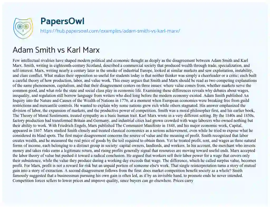 Essay on Adam Smith vs Karl Marx