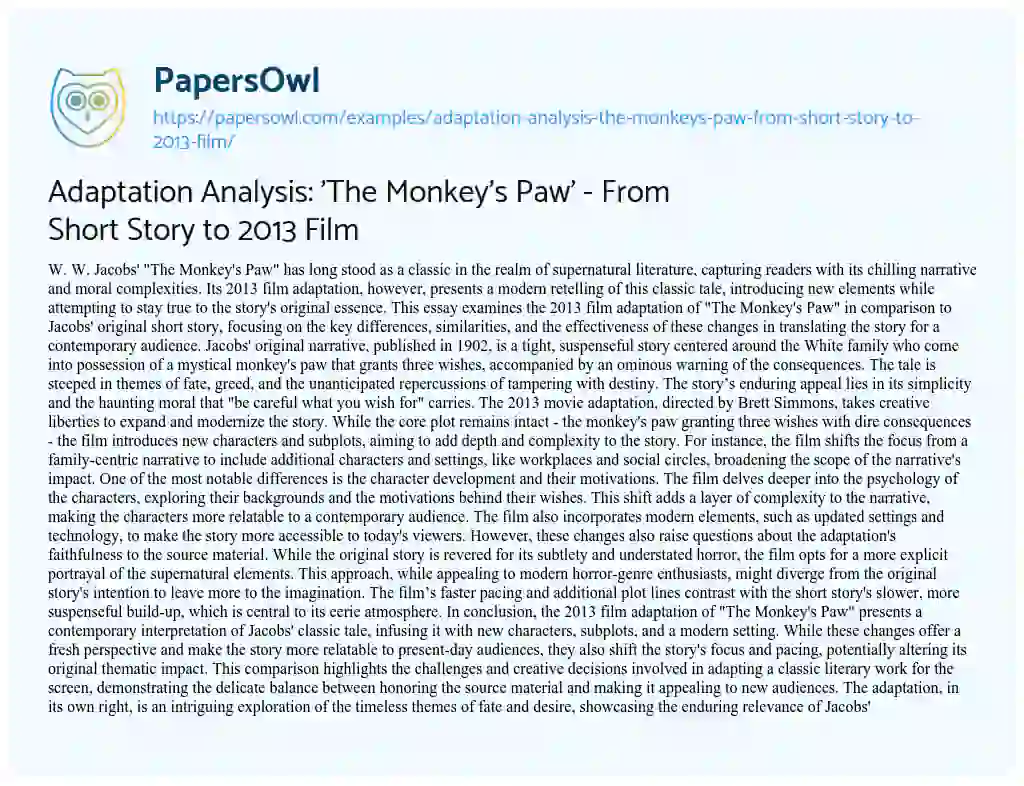 Essay on Adaptation Analysis: ‘The Monkey’s Paw’ – From Short Story to 2013 Film