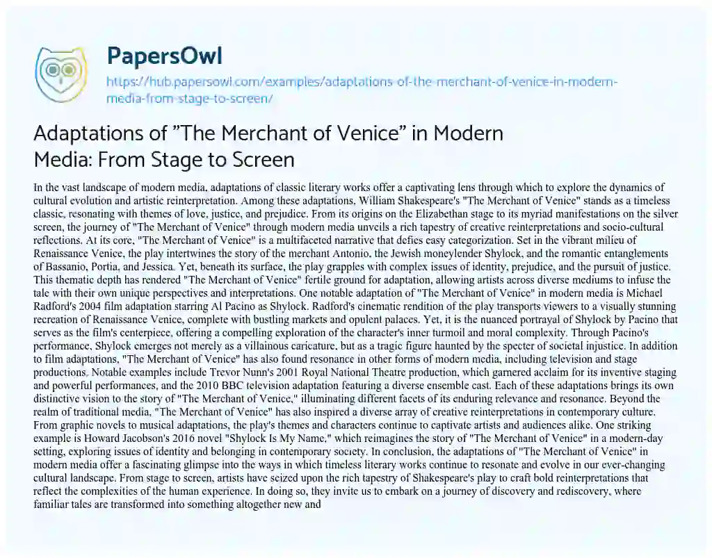 Essay on Adaptations of “The Merchant of Venice” in Modern Media: From Stage to Screen