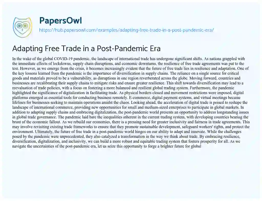 Essay on Adapting Free Trade in a Post-Pandemic Era