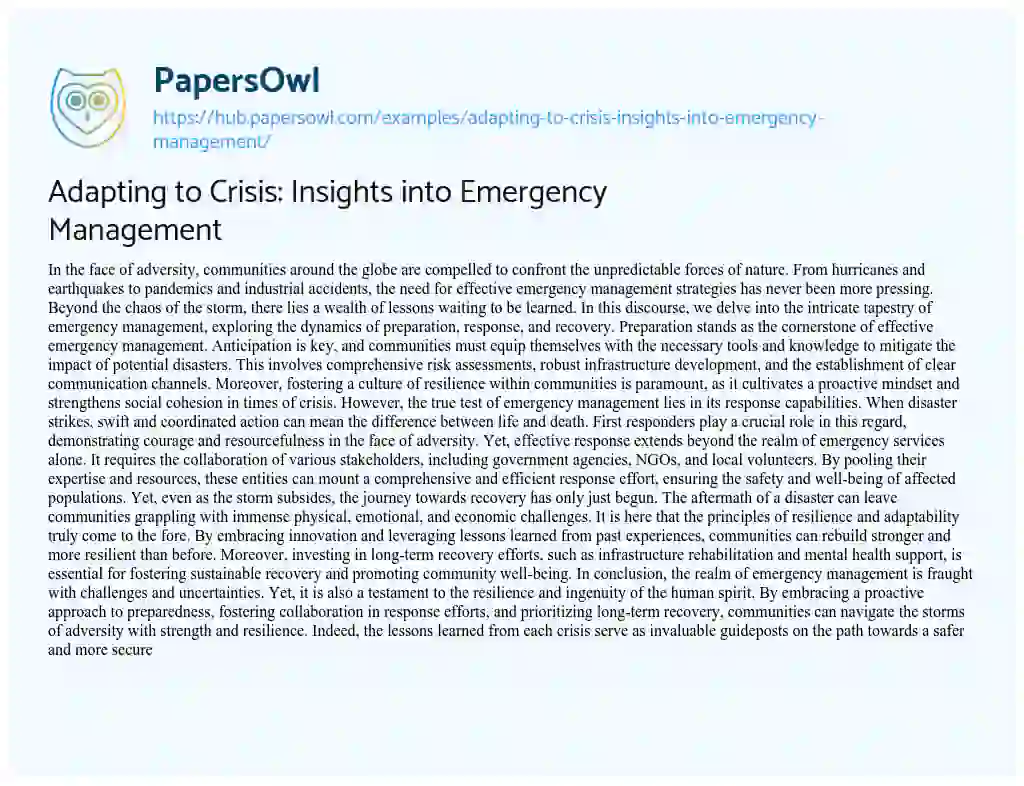 Essay on Adapting to Crisis: Insights into Emergency Management
