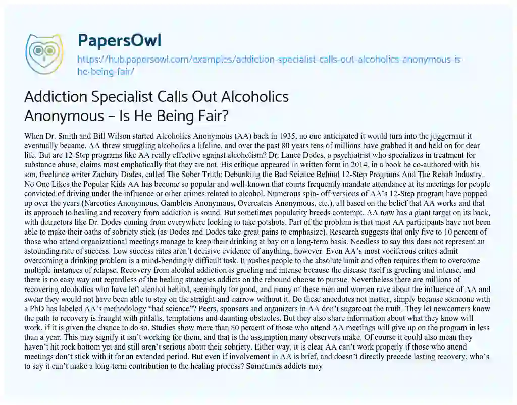 Essay on Addiction Specialist Calls Out Alcoholics Anonymous – Is He Being Fair?