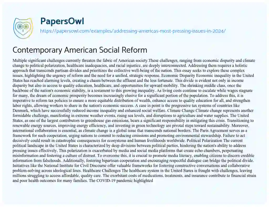 Essay on Contemporary American Social Reform