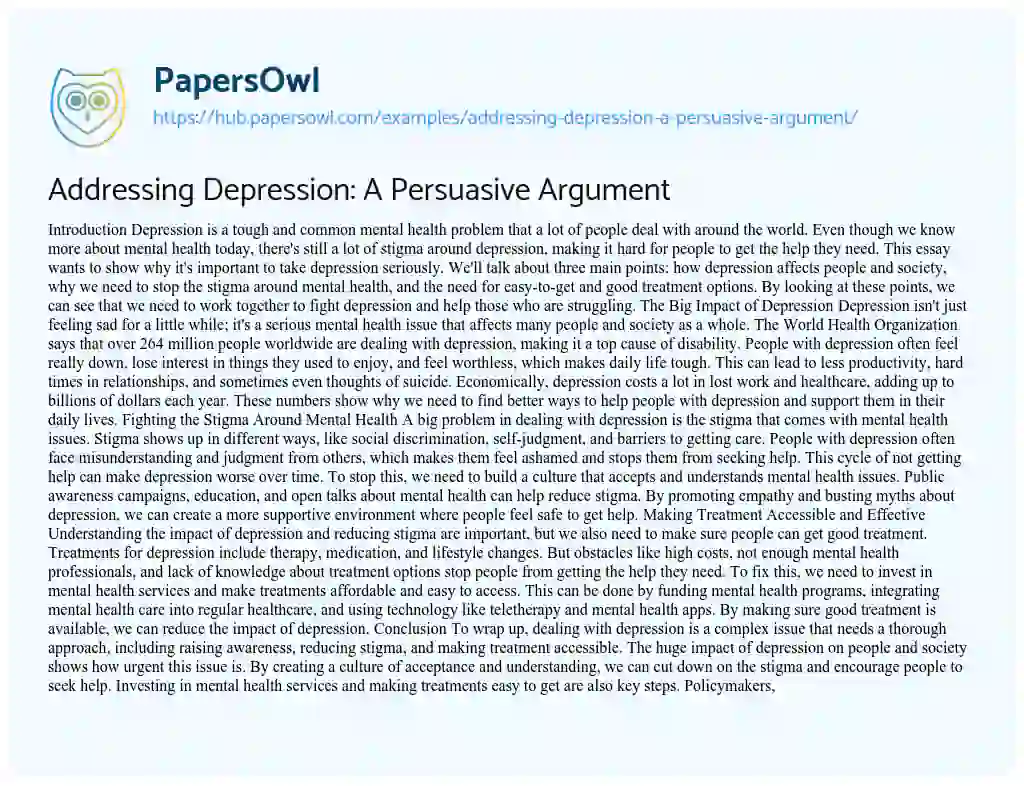 Essay on Addressing Depression: A Persuasive Argument
