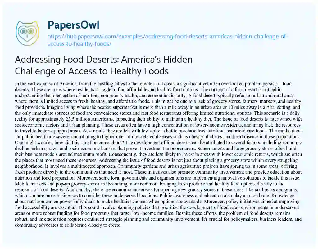 Essay on Addressing Food Deserts: America’s Hidden Challenge of Access to Healthy Foods