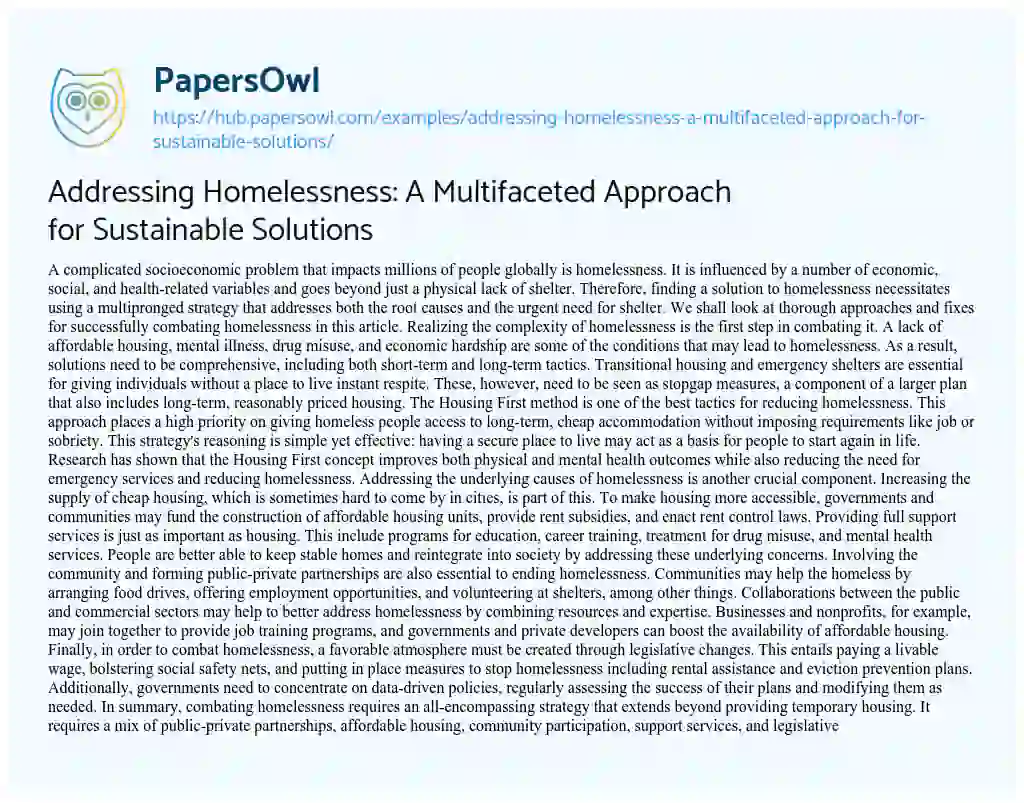 Essay on Addressing Homelessness: A Multifaceted Approach for Sustainable Solutions