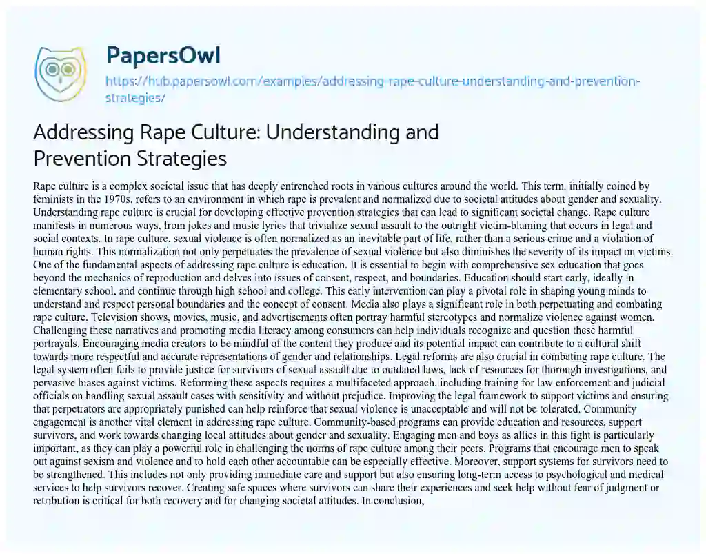 Essay on Addressing Rape Culture: Understanding and Prevention Strategies
