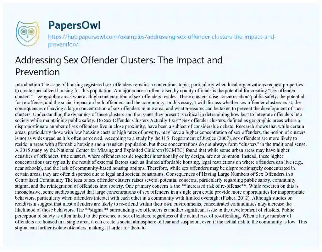 Essay on Addressing Sex Offender Clusters: The Impact and Prevention