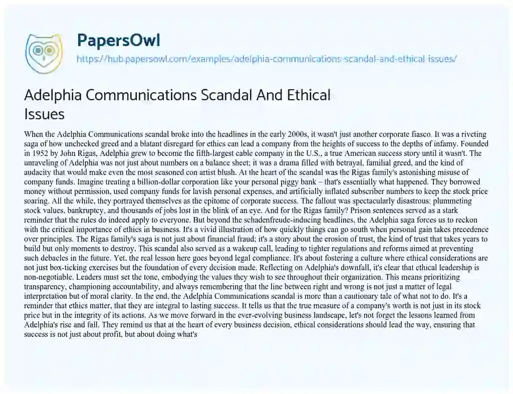 Essay on Adelphia Communications Scandal And Ethical Issues