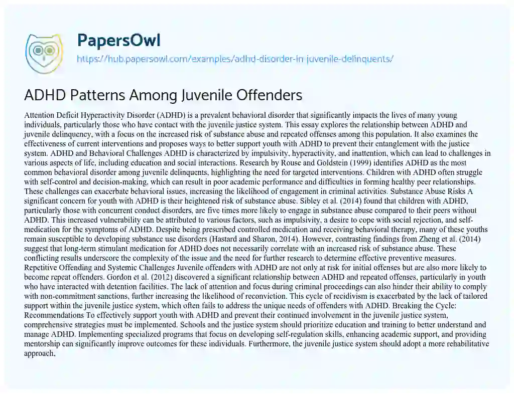 Essay on ADHD Patterns Among Juvenile Offenders