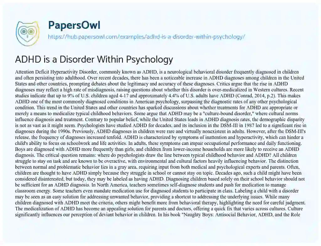 Essay on ADHD is a Disorder Within Psychology
