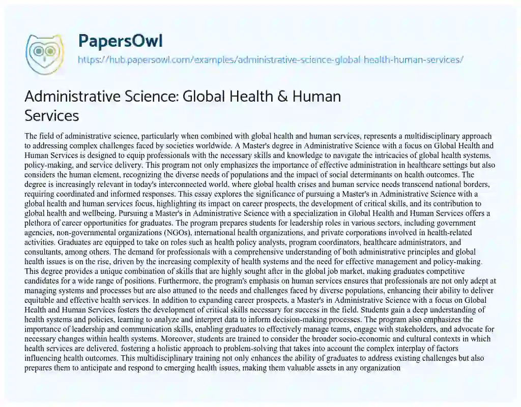 Essay on Administrative Science: Global Health & Human Services