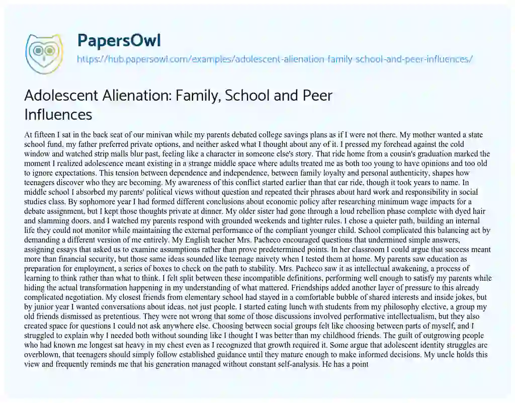 Essay on Adolescent Alienation: Family, School and Peer Influences