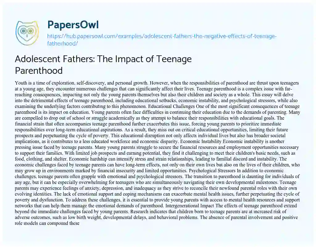 Essay on Adolescent Fathers: The Impact of Teenage Parenthood