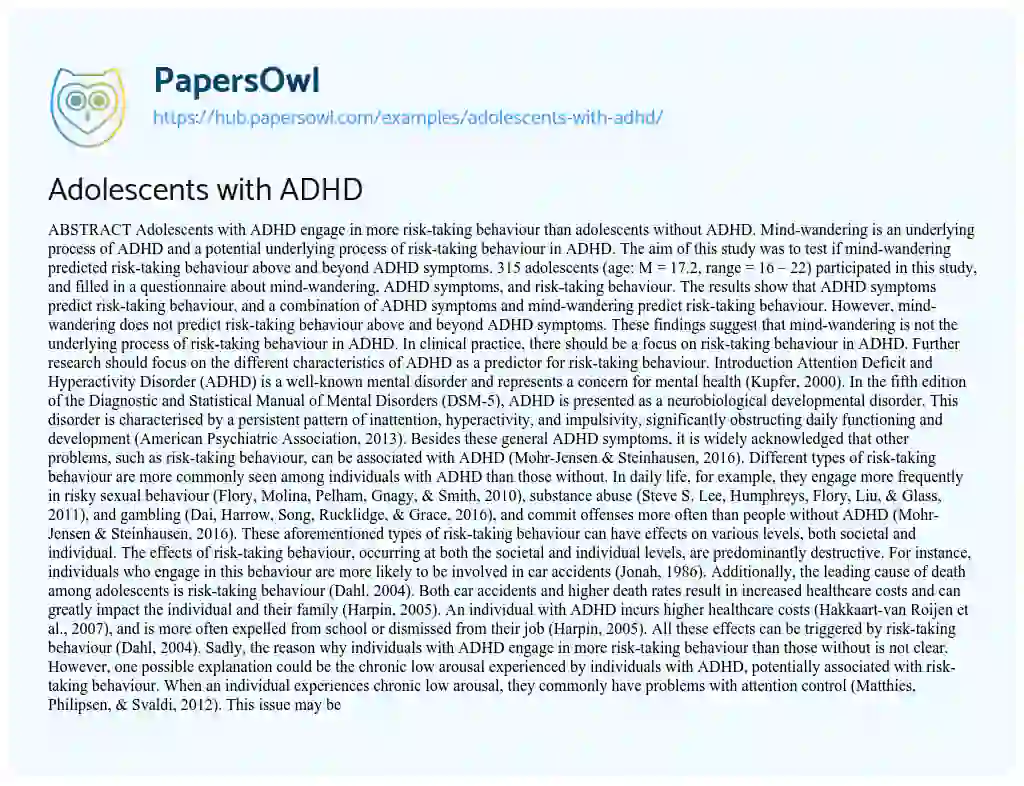 Essay on Adolescents with ADHD