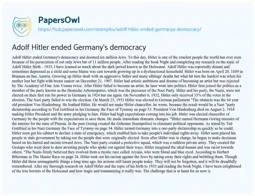 Essay on Adolf Hitler ended Germany’s democracy