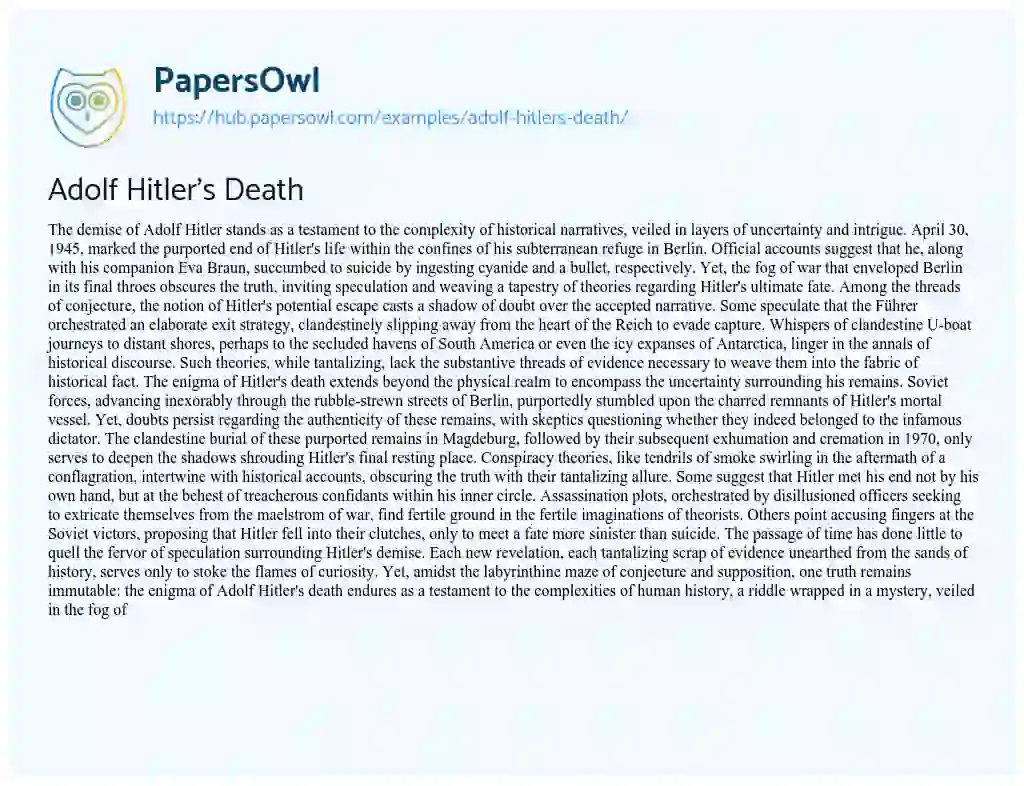 Essay on Adolf Hitler’s Death