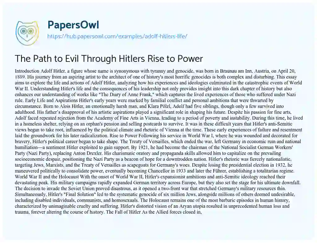 Essay on The Path to Evil Through Hitlers Rise to Power