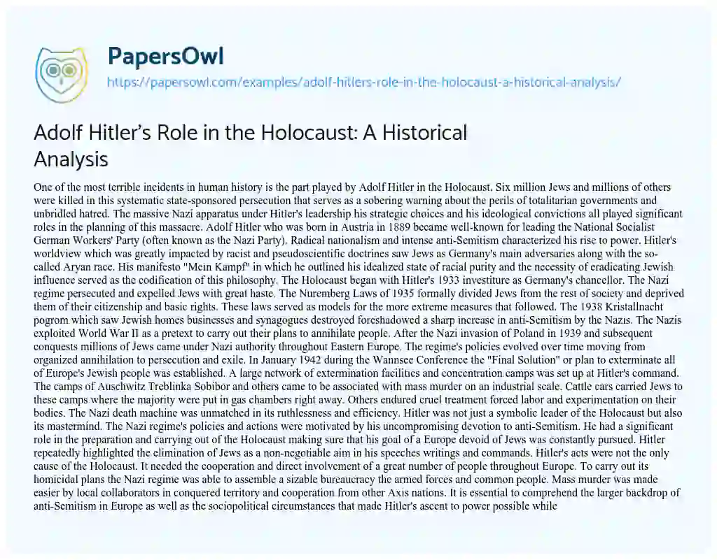 Essay on Adolf Hitler’s Role in the Holocaust: A Historical Analysis