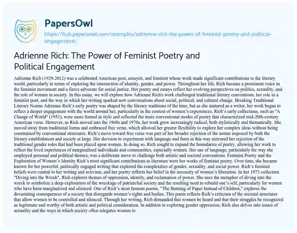 Essay on Adrienne Rich: The Power of Feminist Poetry and Political Engagement