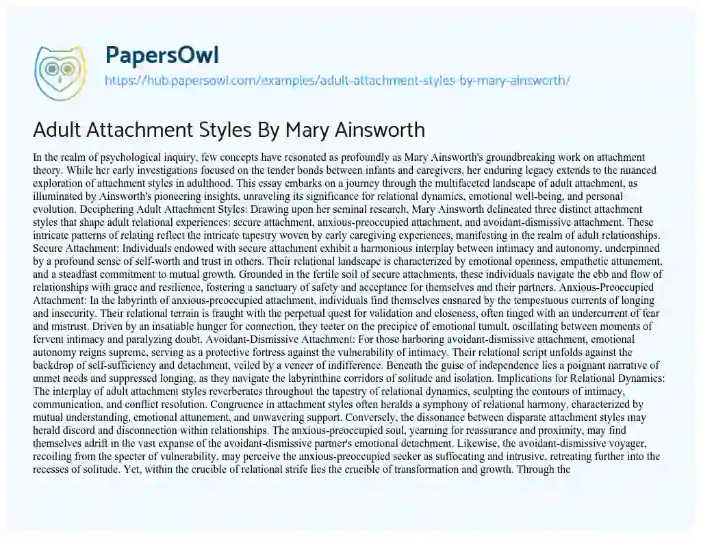 Essay on Adult Attachment Styles By Mary Ainsworth