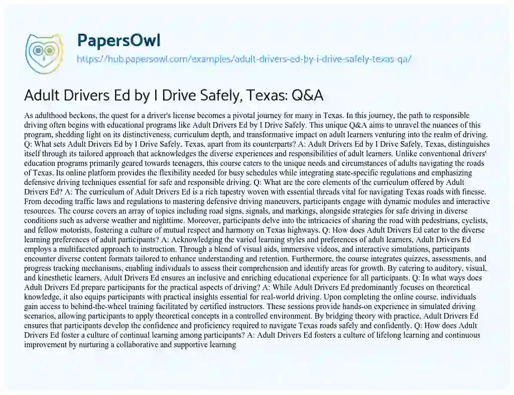 Essay on Adult Drivers Ed by I Drive Safely, Texas: Q&A