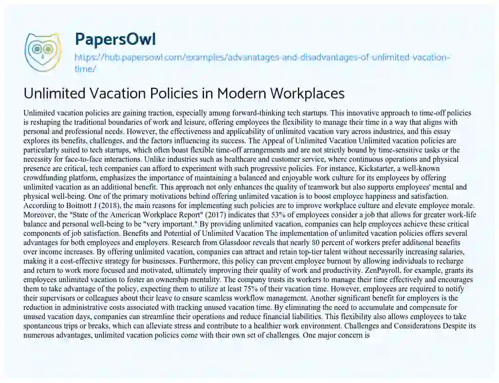 Essay on Unlimited Vacation Policies in Modern Workplaces