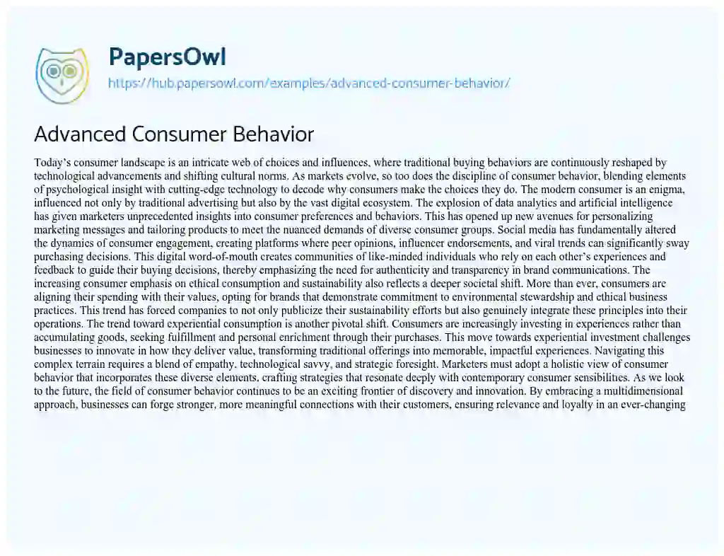 Essay on Advanced Consumer Behavior