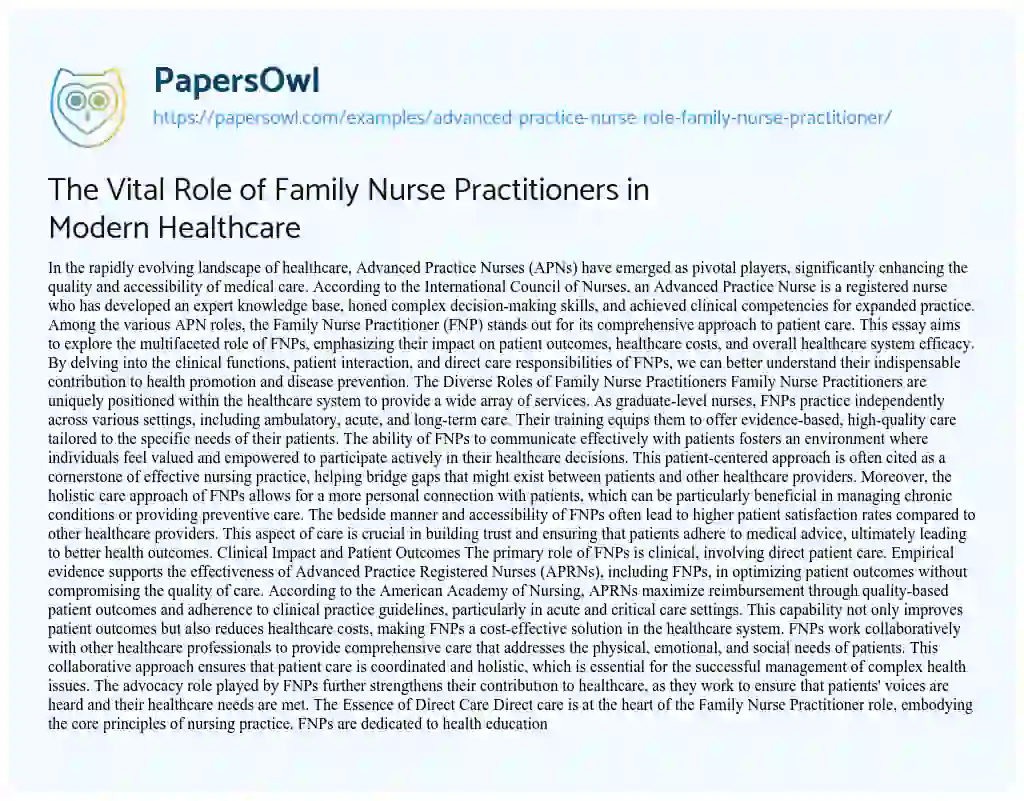 Essay on The Vital Role of Family Nurse Practitioners in Modern Healthcare