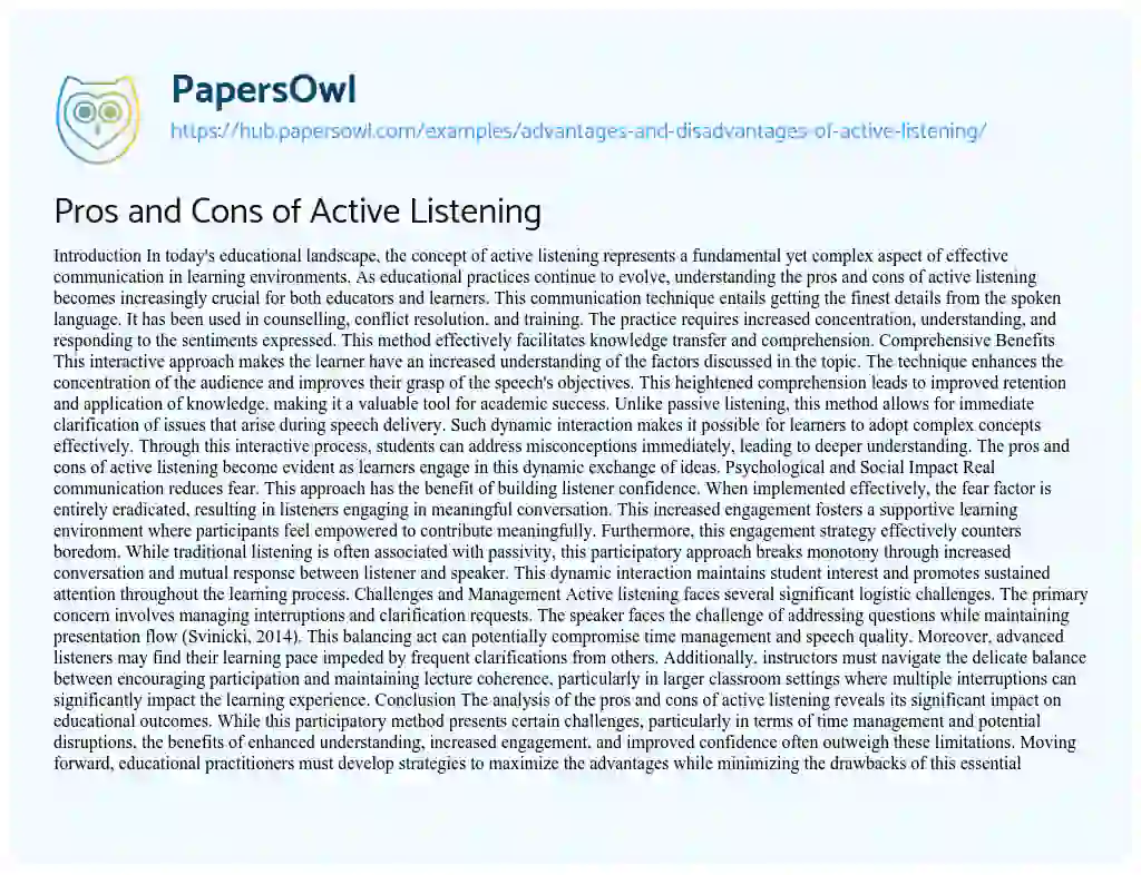 Essay on Pros and Cons of Active Listening