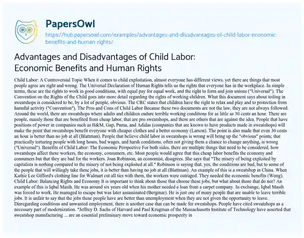Essay on Advantages and Disadvantages of Child Labor: Economic Benefits and Human Rights