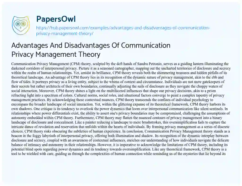 Essay on Advantages And Disadvantages Of Communication Privacy Management Theory