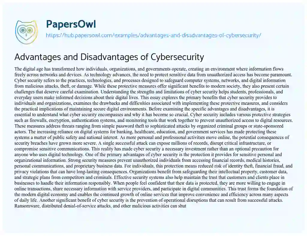 Essay on Advantages and Disadvantages of Cybersecurity
