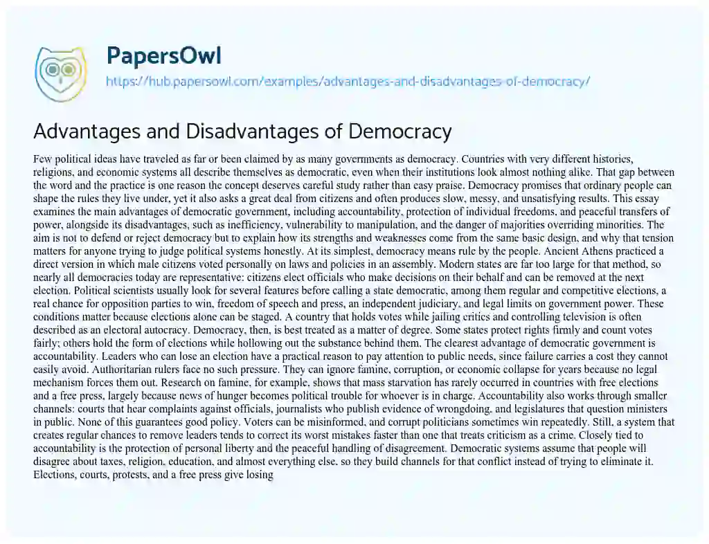 Essay on Advantages and Disadvantages of Democracy
