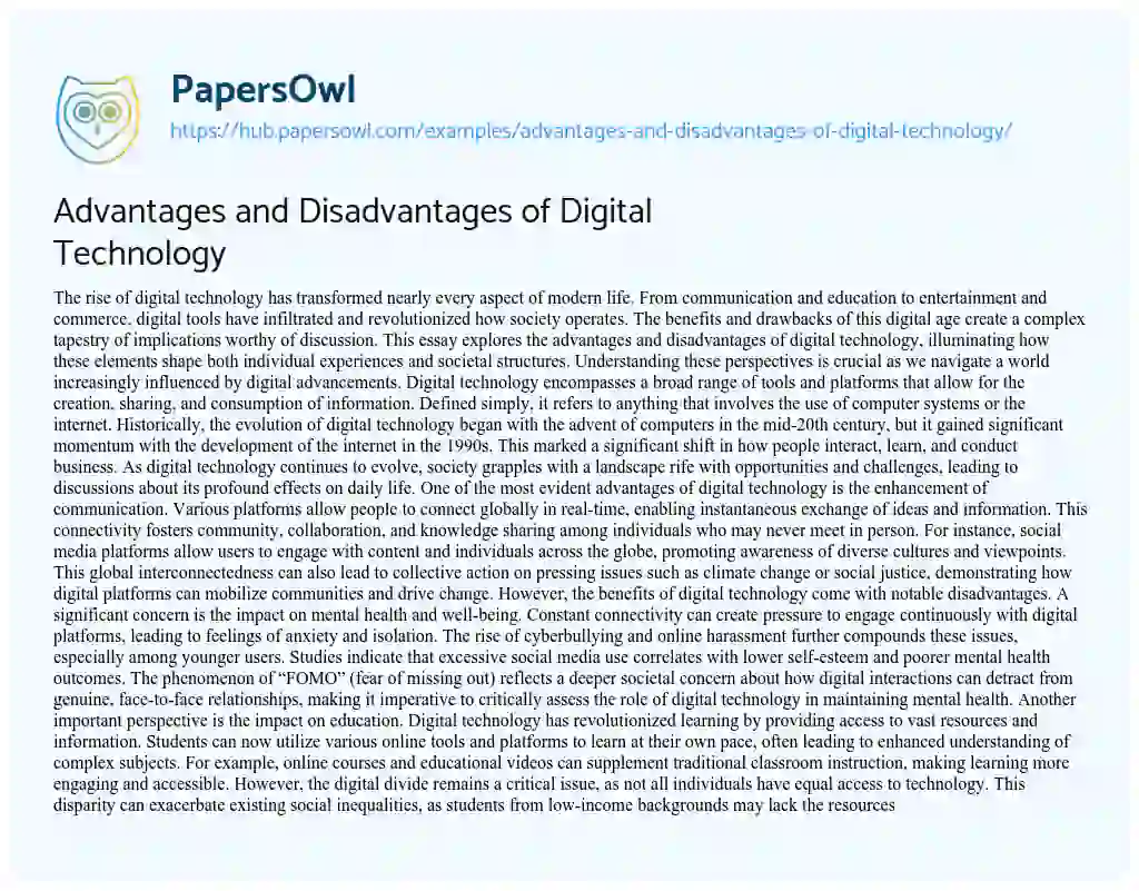 Essay on Advantages and Disadvantages of Digital Technology