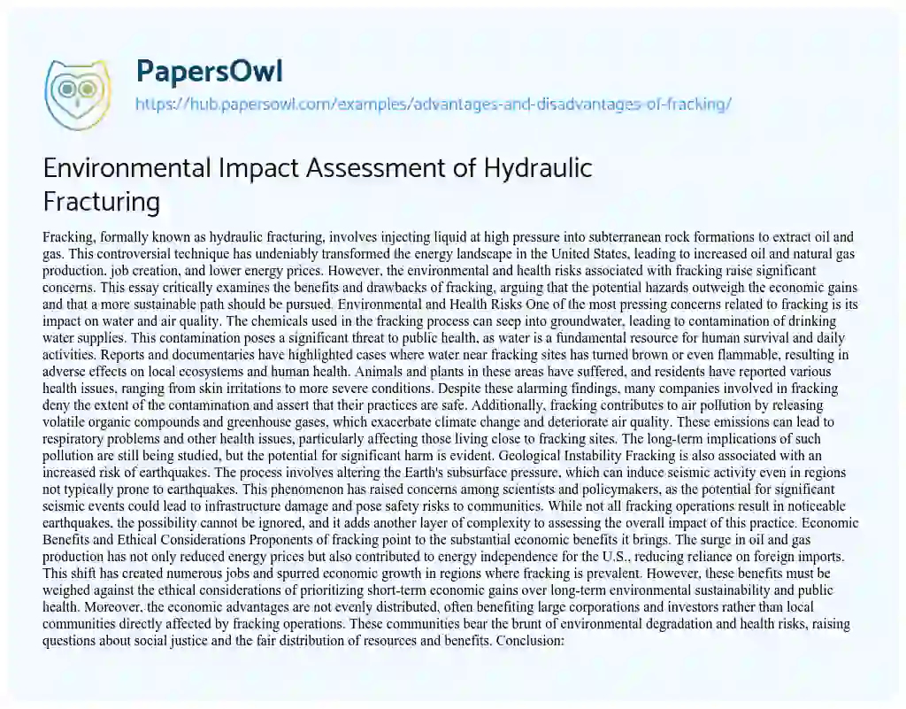 Essay on Environmental Impact Assessment of Hydraulic Fracturing