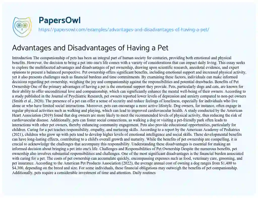 Essay on Advantages and Disadvantages of Having a Pet