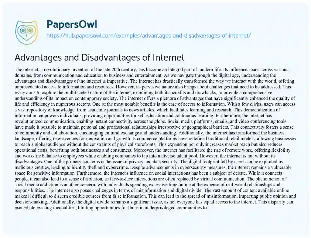 Essay on Advantages and Disadvantages of Internet