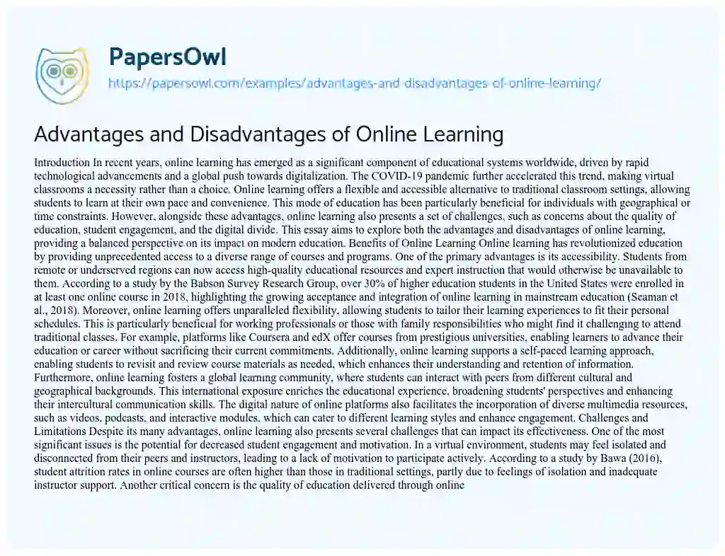 Essay on Advantages and Disadvantages of Online Learning