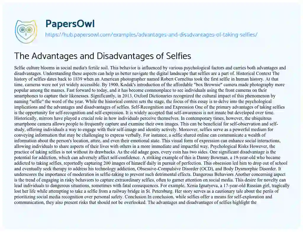Essay on The Advantages and Disadvantages of Selfies