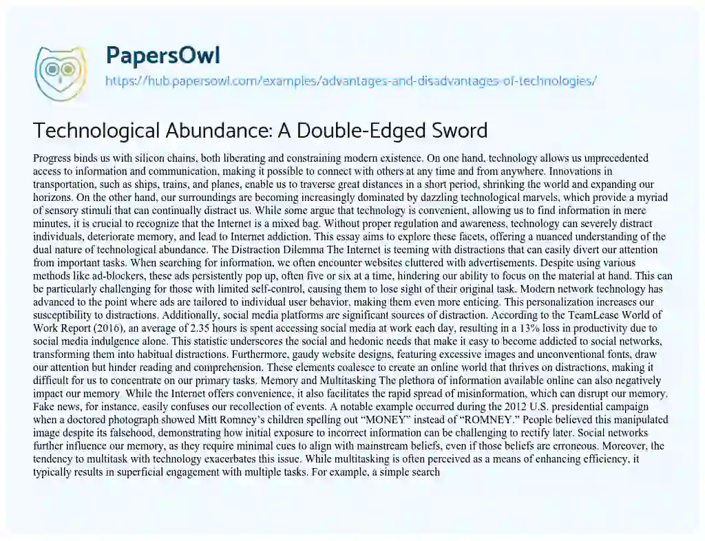 Essay on Technological Abundance: A Double-Edged Sword