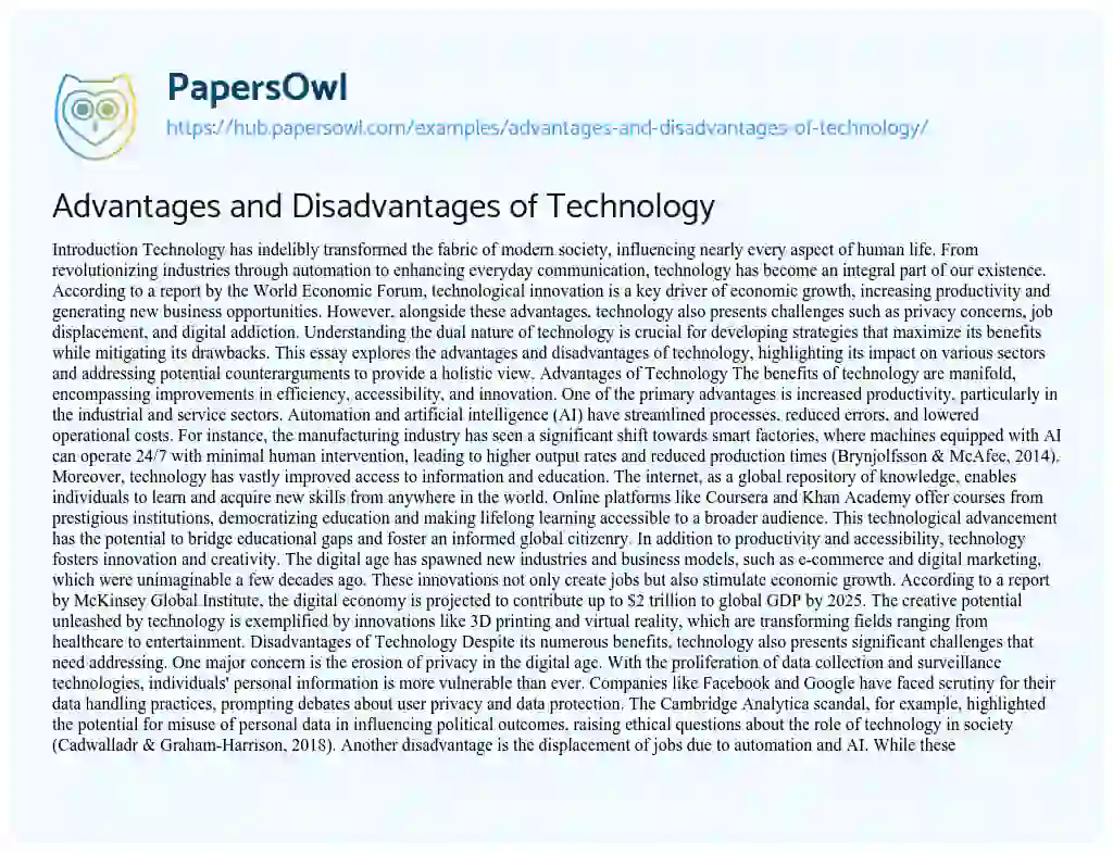 Essay on Advantages and Disadvantages of Technology