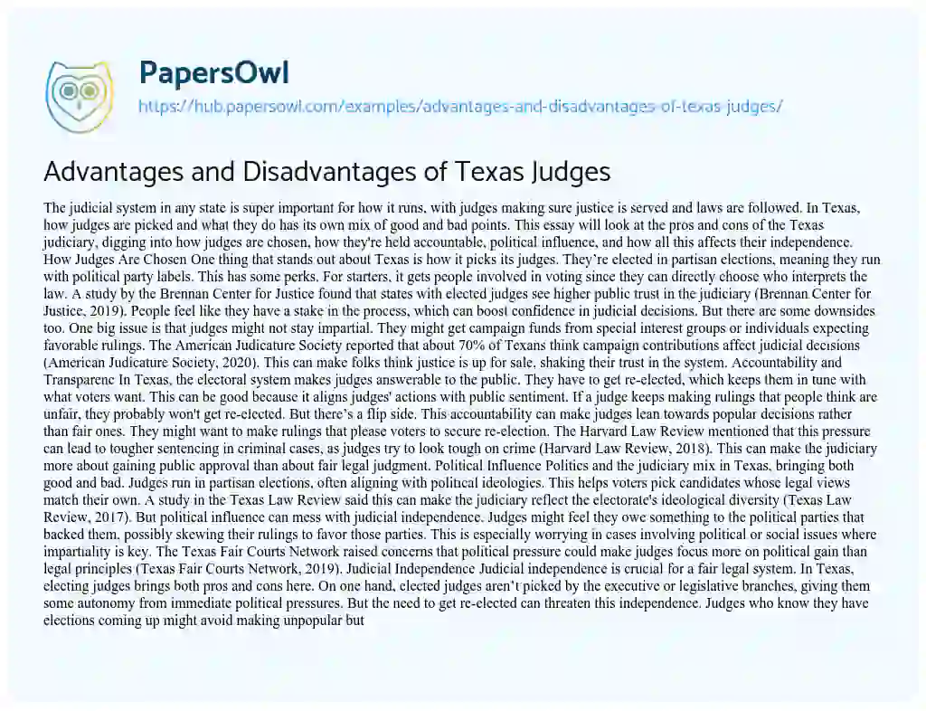 Essay on Advantages and Disadvantages of Texas Judges