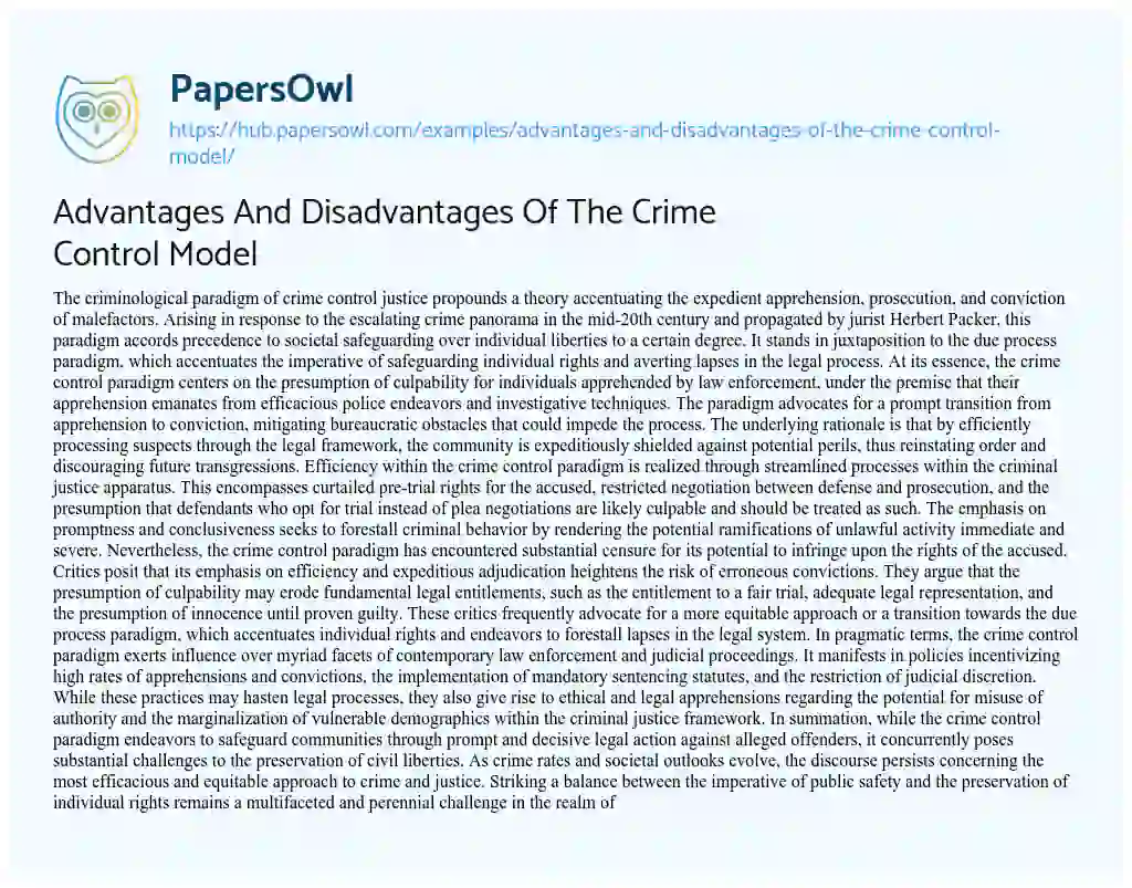 Essay on Advantages And Disadvantages Of The Crime Control Model