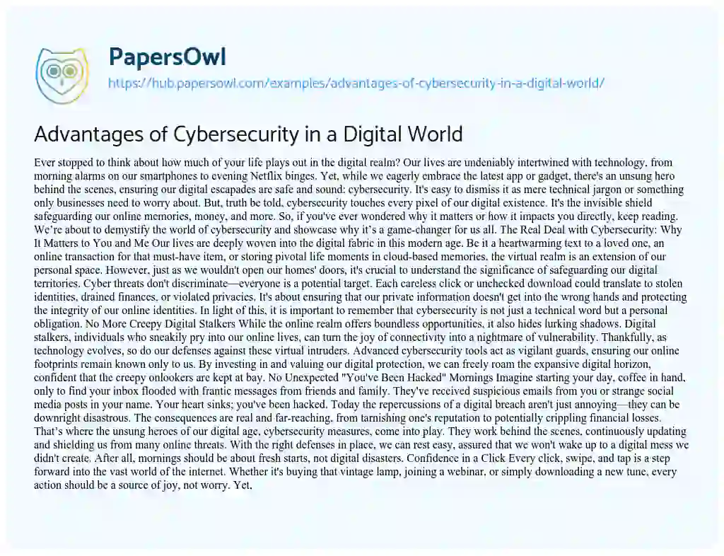Essay on Advantages of Cybersecurity in a Digital World