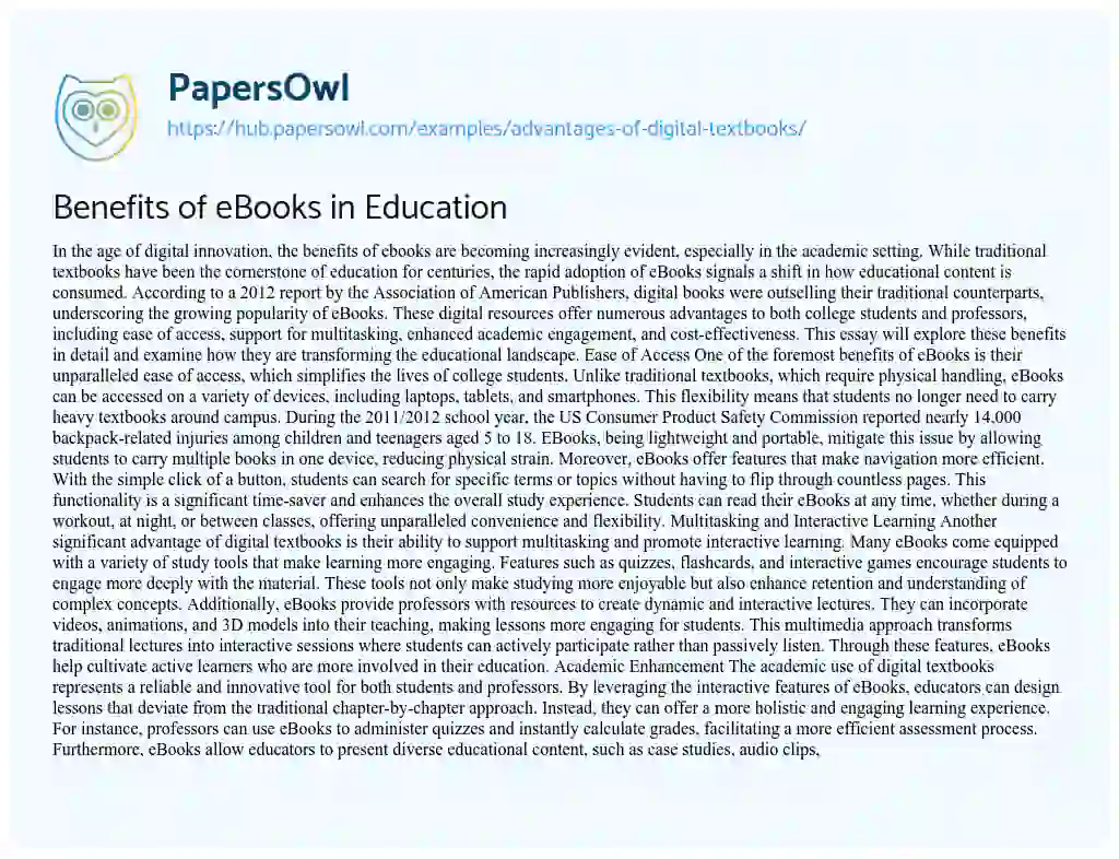 Essay on Benefits of eBooks in Education