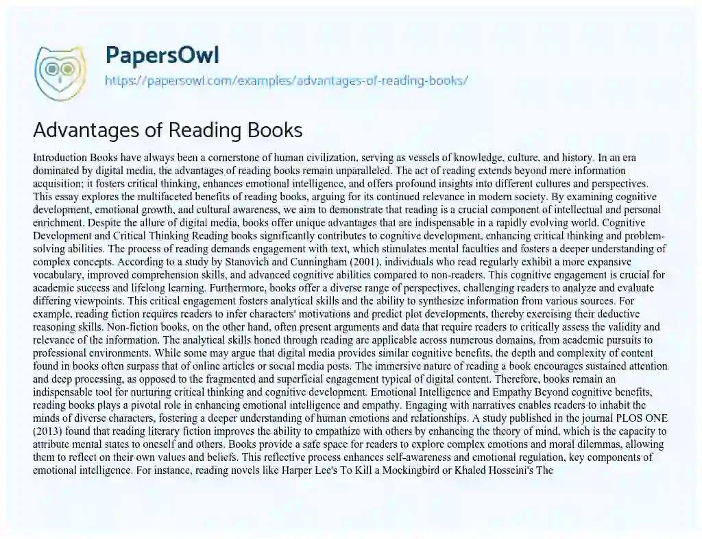 Essay on Advantages of Reading Books