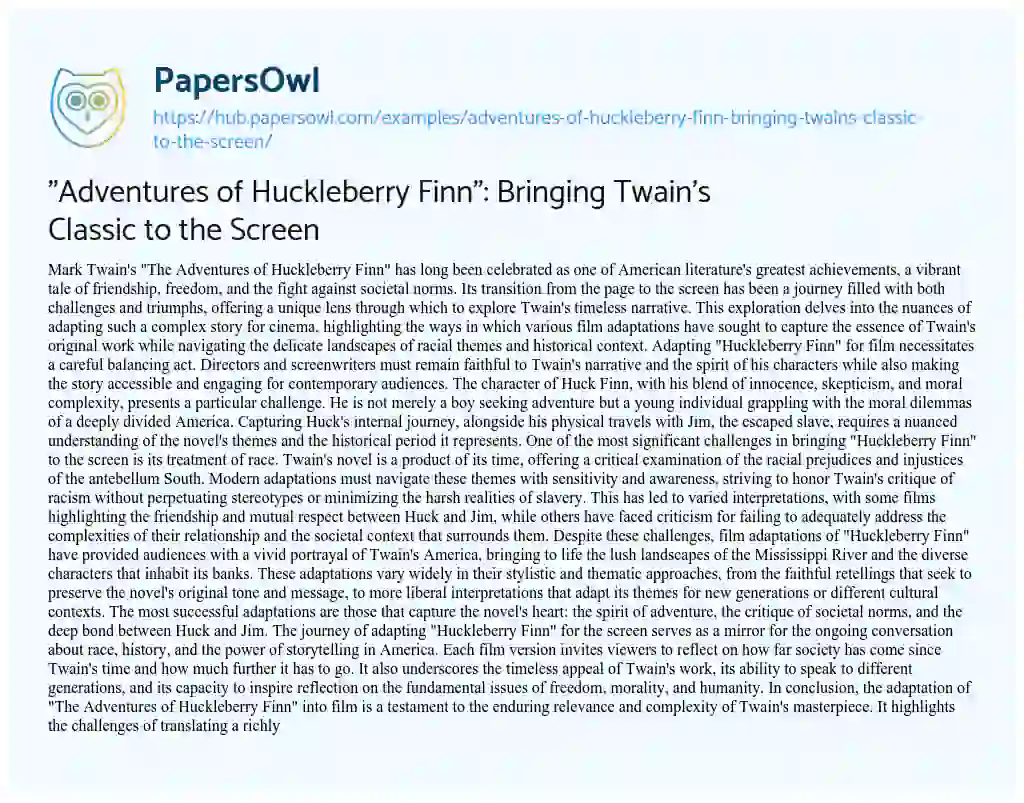 Essay on “Adventures of Huckleberry Finn”: Bringing Twain’s Classic to the Screen