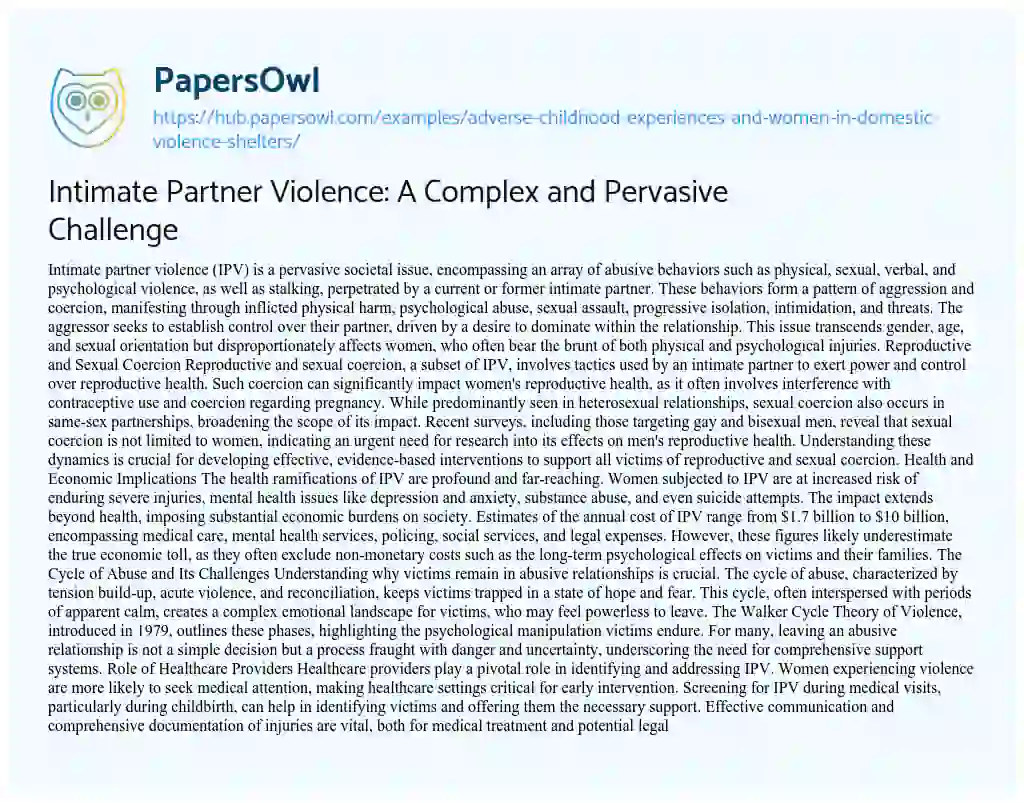 Essay on Intimate Partner Violence: A Complex and Pervasive Challenge