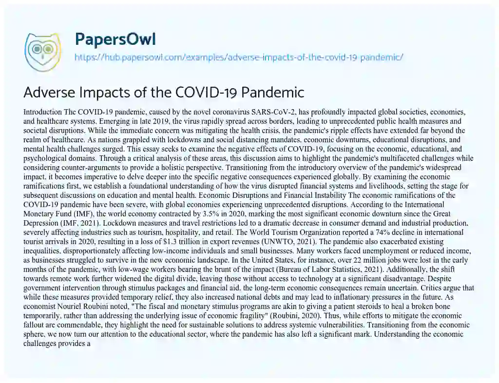 Essay on Adverse Impacts of the COVID-19 Pandemic